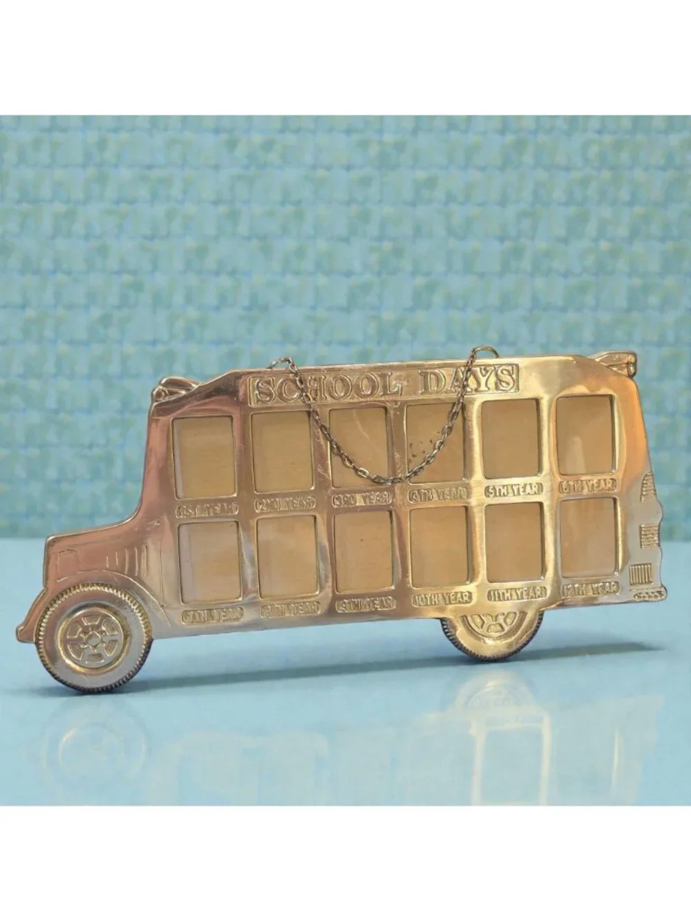 Vtg 1980s Price Products Solid Brass School Bus Picture Frame K-12 School Days